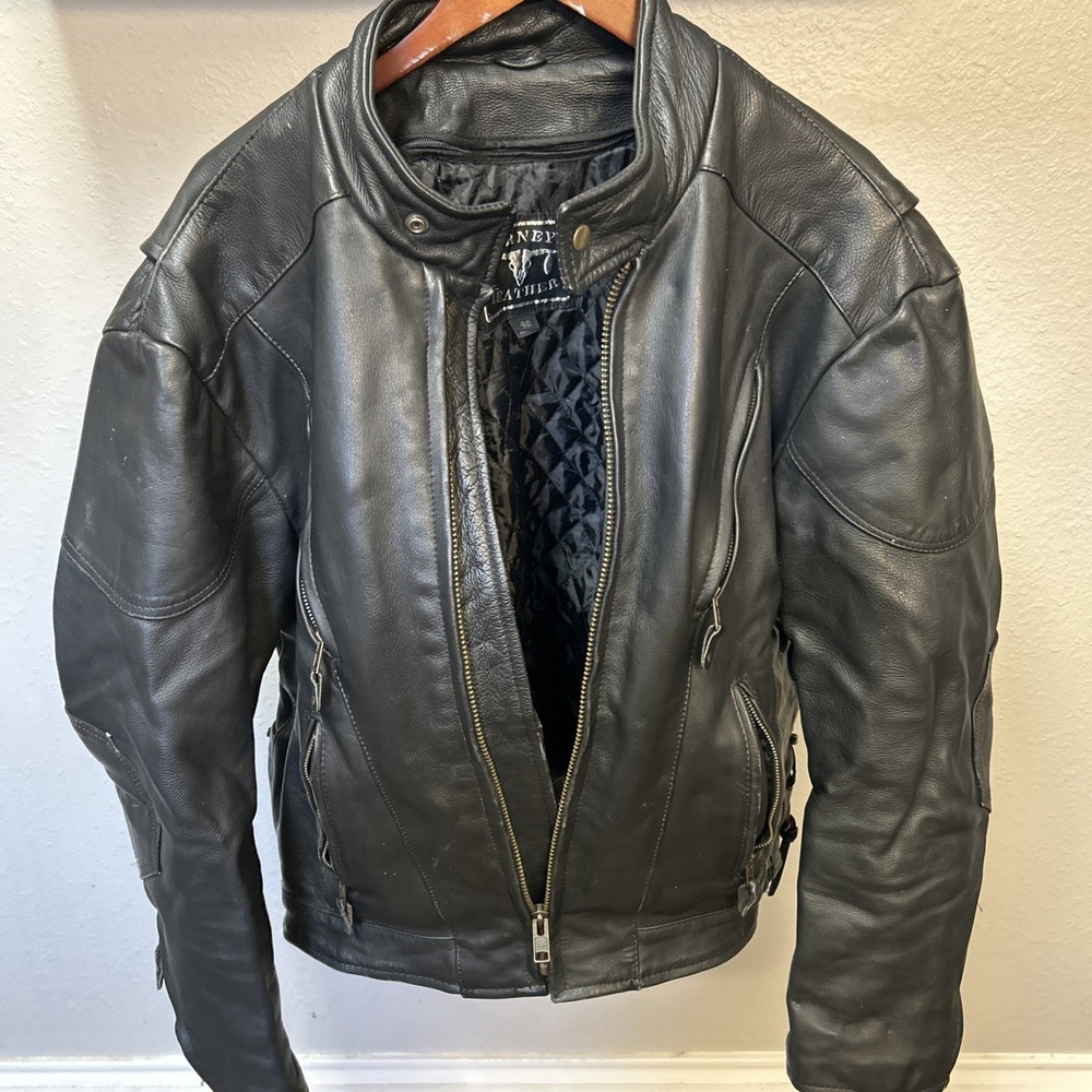 VTG Barneys Leather Black Moto Biker Jacket Men's Size 46 Fits XL Quilted Liner